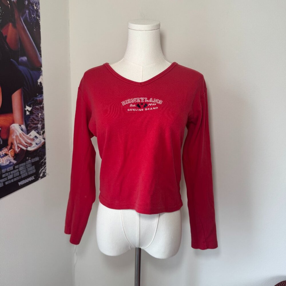 Disneyland Long Sleeve Embroidered Red and White V Neck Casual Cropped Shirt